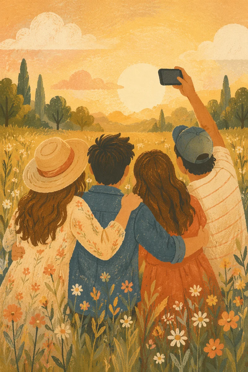 Friends Taking Selfie in Golden Meadow
