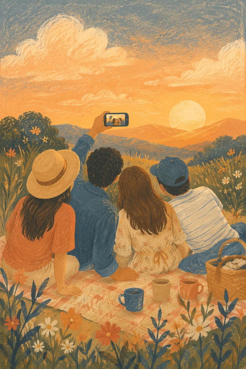 Friends Sharing Golden Hour Meadow Selfie