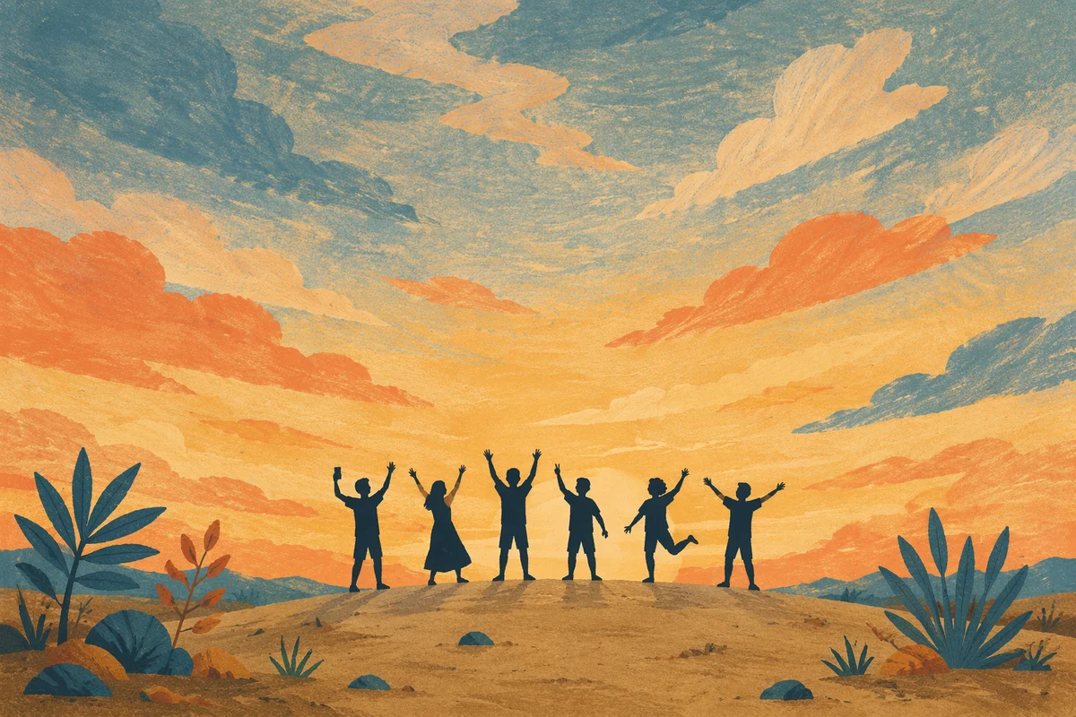 Friends Celebrating Sunset Selfie on Sandy Dune