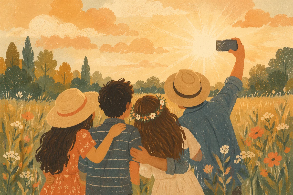 Friends Taking Selfie in Golden Meadow