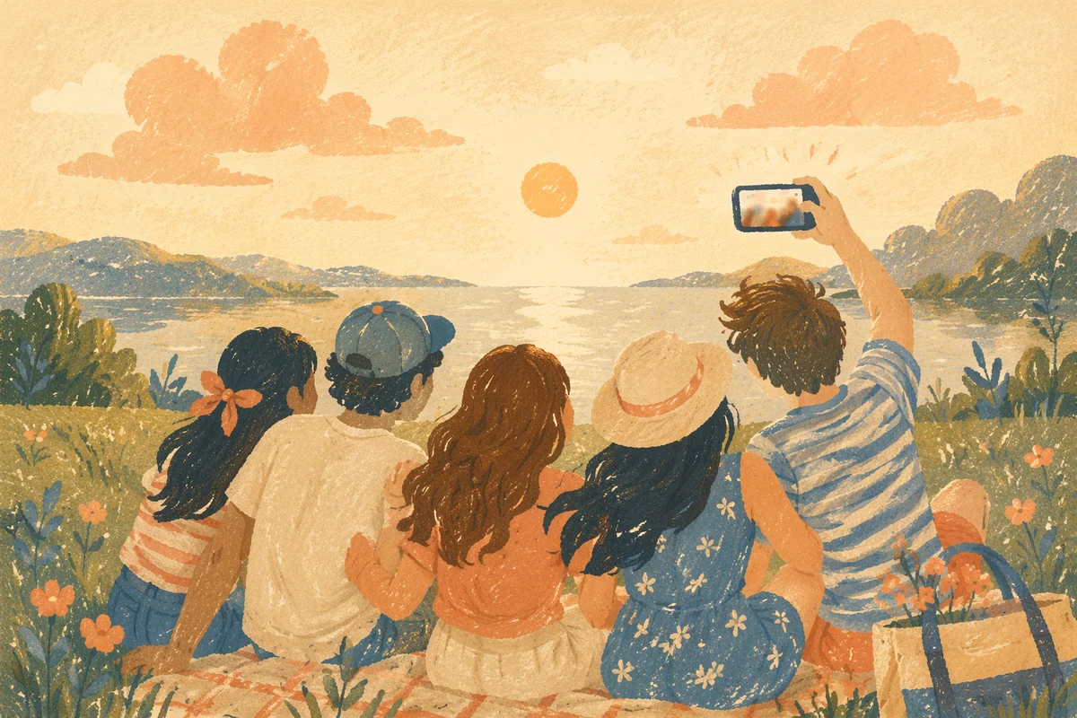 Friends Taking Playful Lakeside Selfie at Sunset