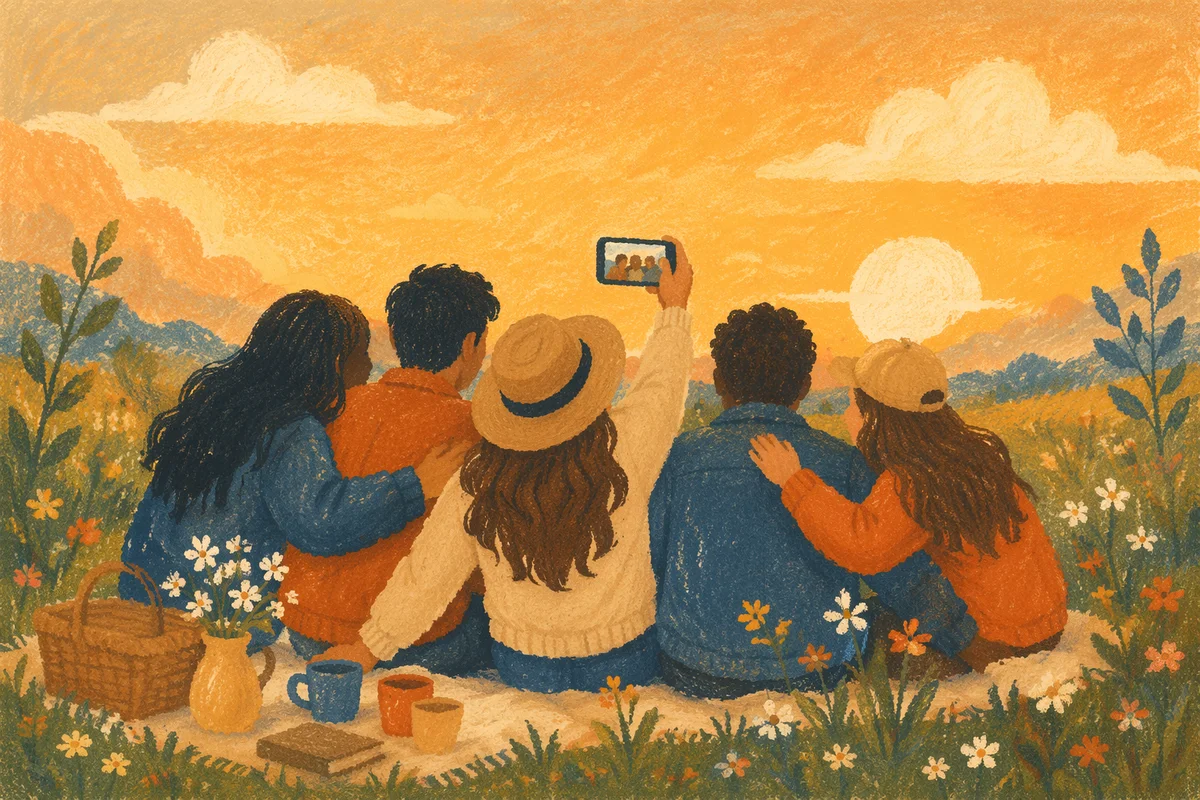 Joyful Friends Selfie in Golden Meadow