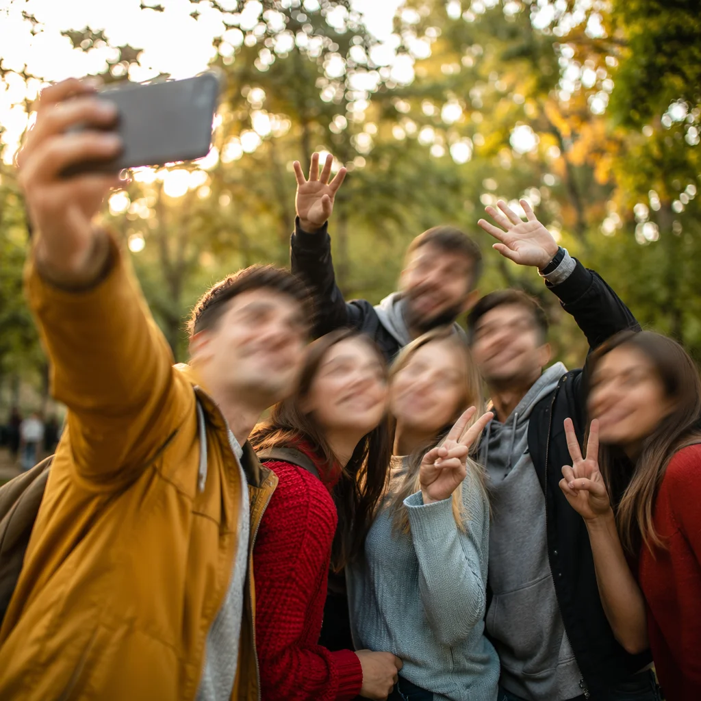 Cheerful Friends Group Selfie in Park
