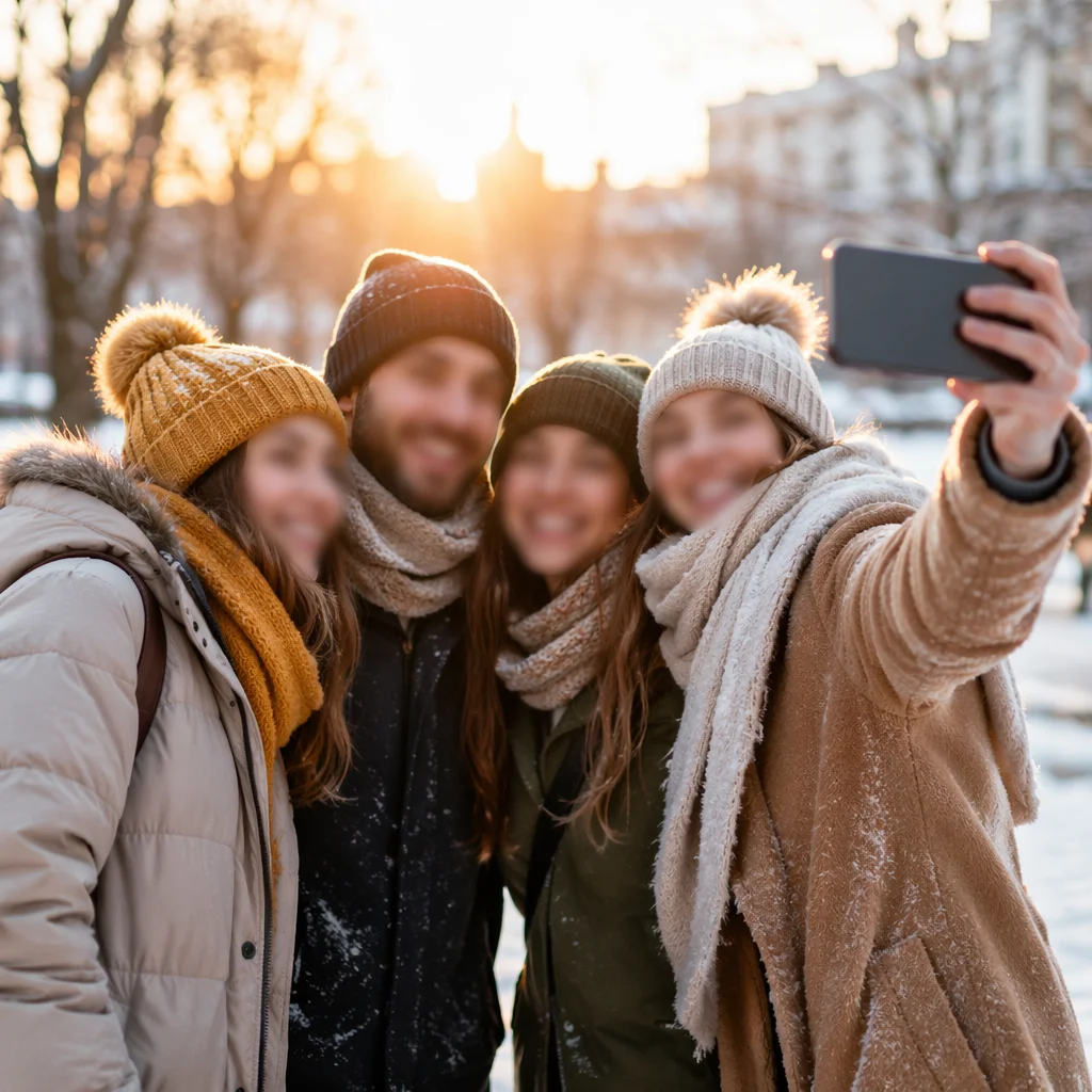 Winter Friends Group Selfie in City Park