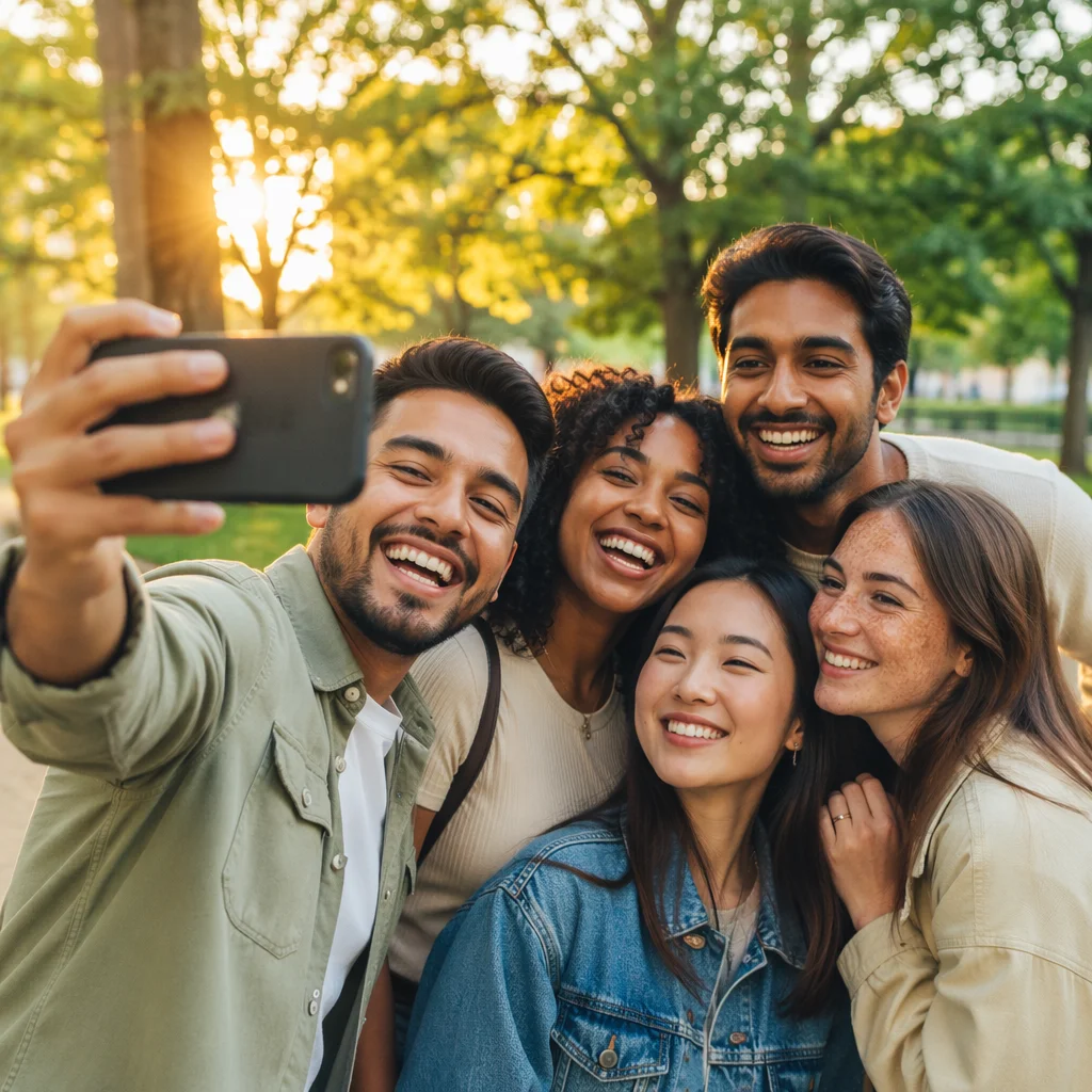 Joyful Friends Group Selfie at Golden Hour