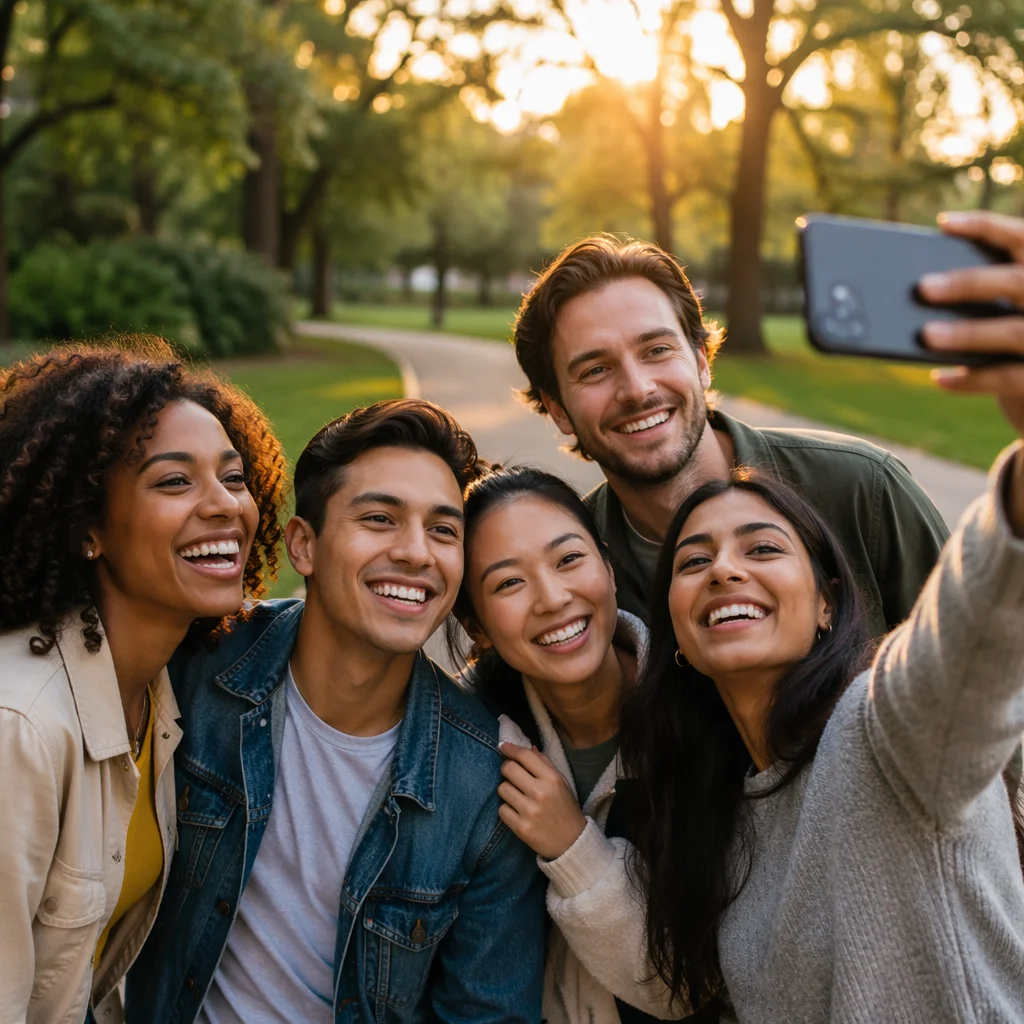 Five Friends Taking Selfie in Park