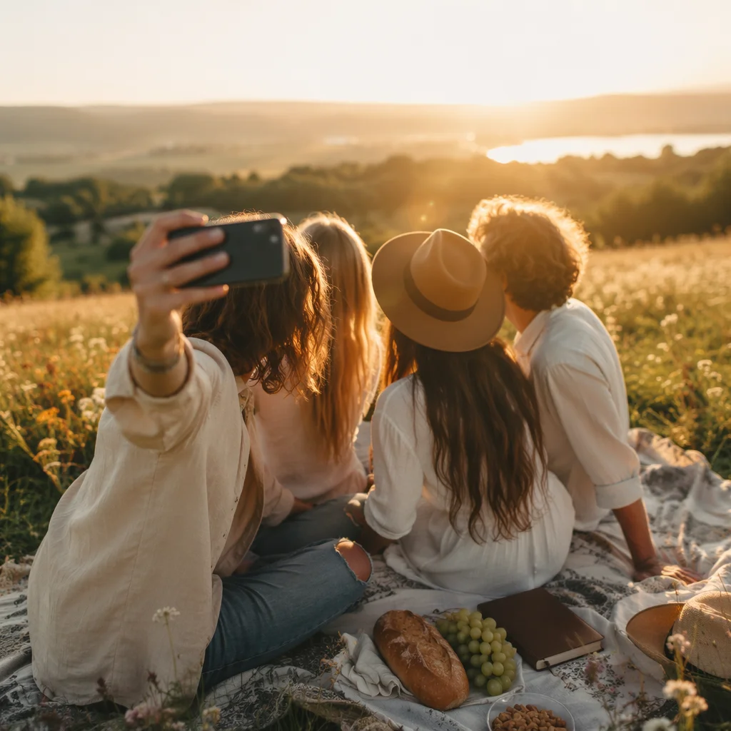 Friends Taking Sunny Meadow Picnic Selfie