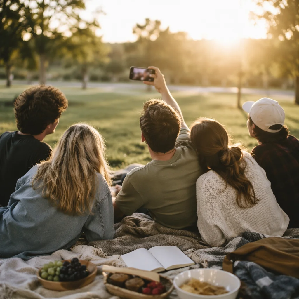 Friends Taking Selfie at Golden Hour Picnic