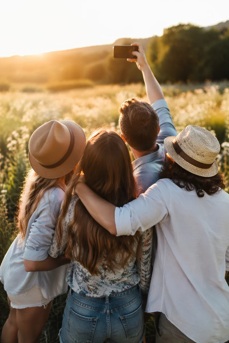 Friends Taking Selfie in Golden Meadow