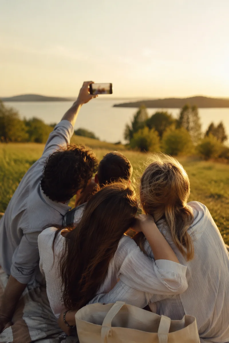 Playful Friends Selfie by Lakeside at Sunset