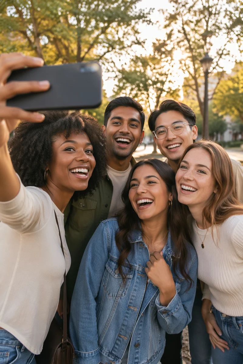 Five Friends Laughing in Park Selfie