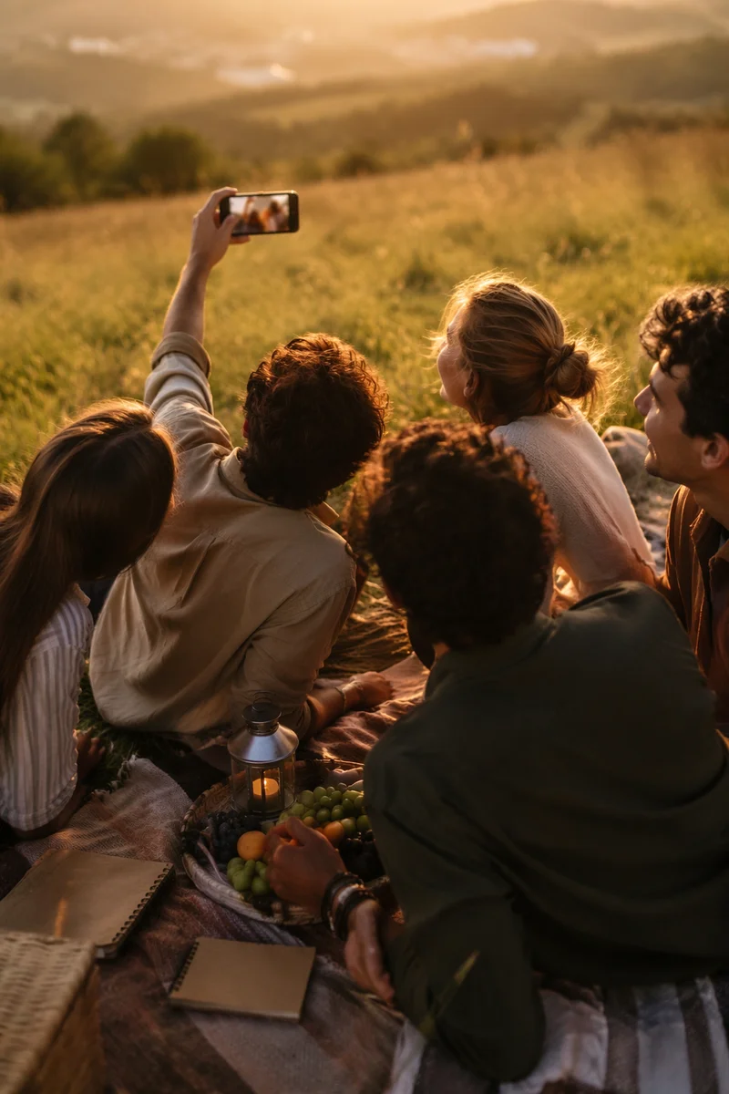 Golden Hour Friends Picnic Selfie Fellowship