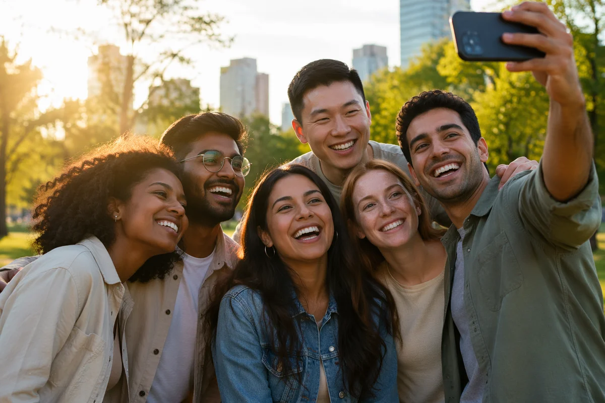 Six Friends Taking Selfie in Park