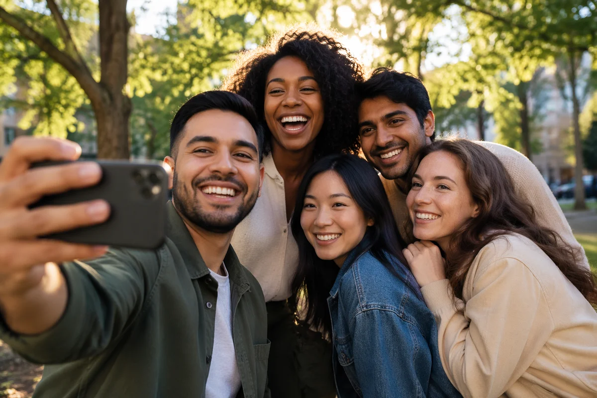 Five Friends Taking Selfie in Park