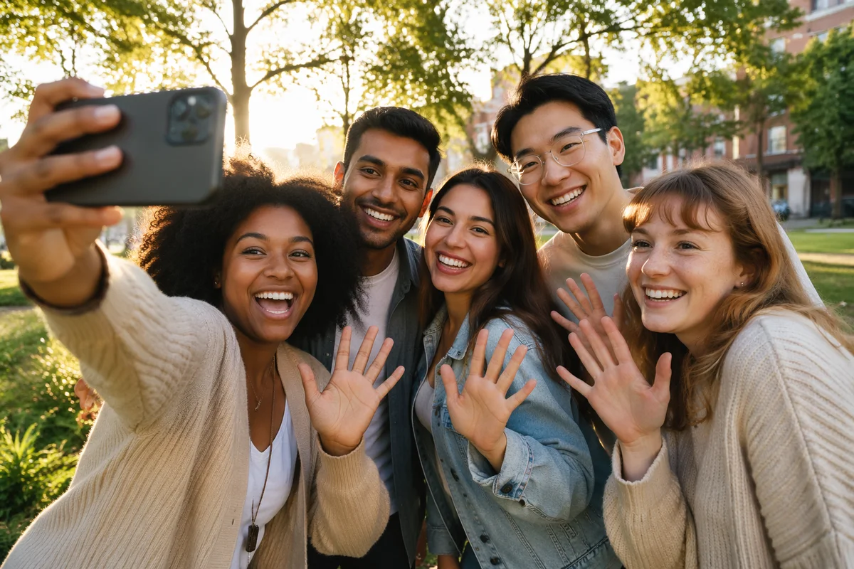 Five Friends Laughing in Park Selfie