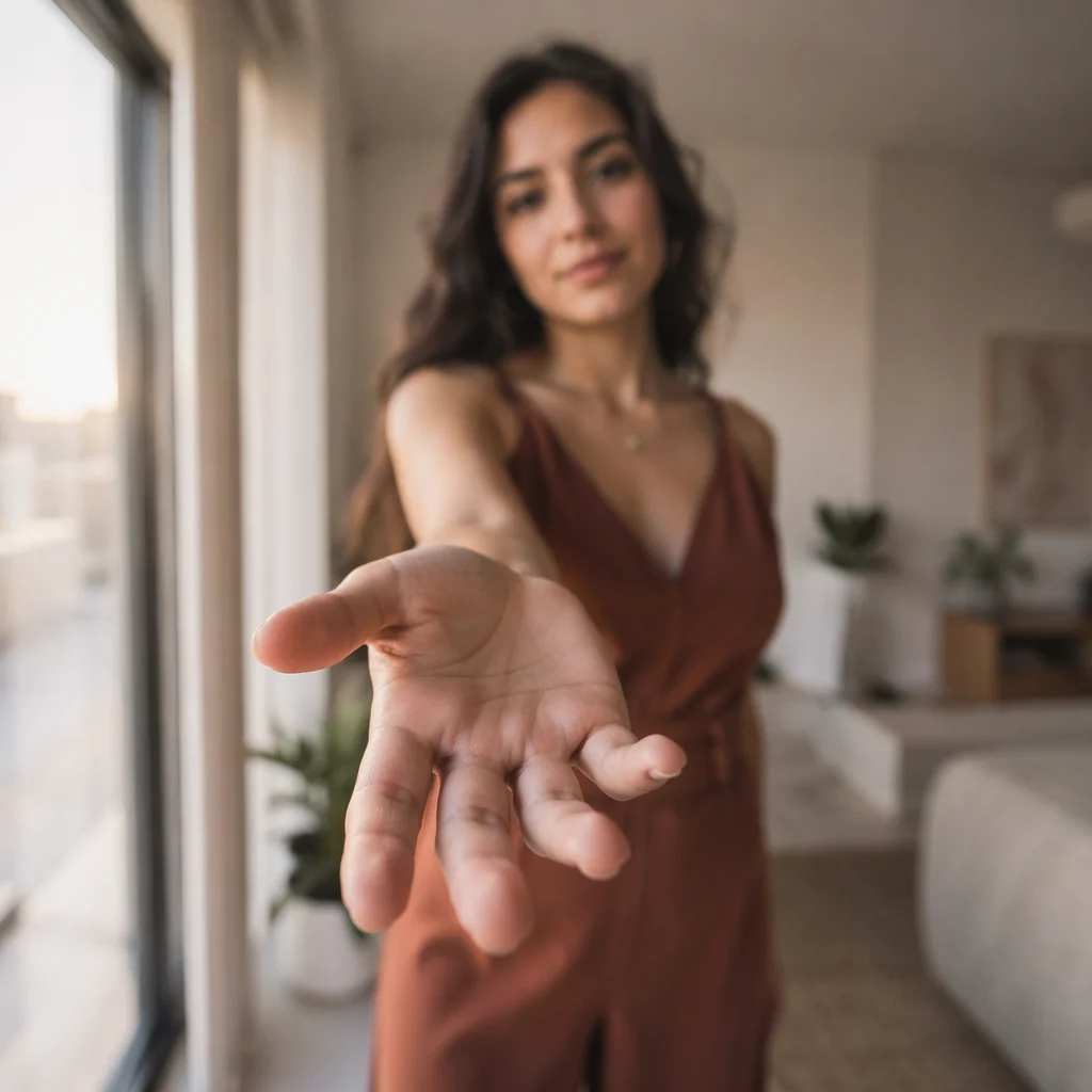 Warm Close-Up Hand Reaching Gesture Portrait