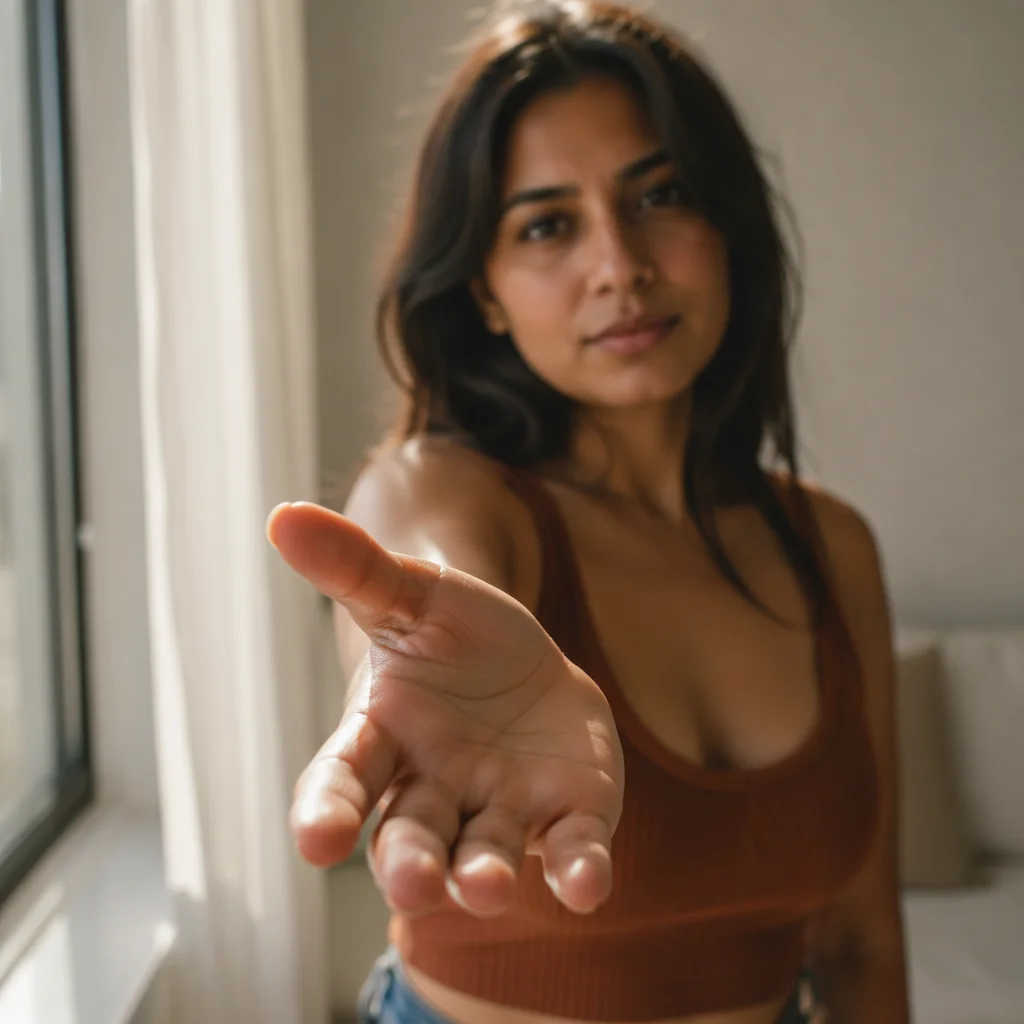 Woman Reaching Hand Toward Camera Indoors