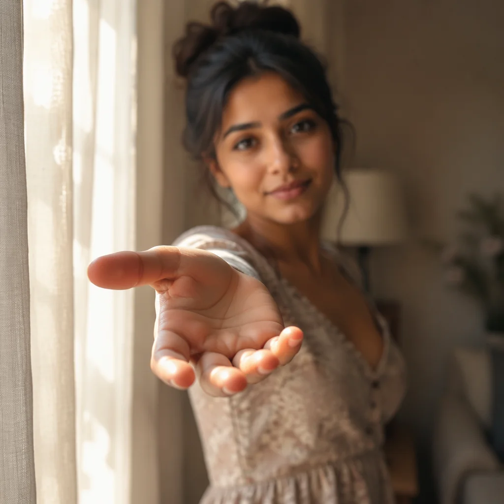 Young Woman Reaching Hand Toward Camera