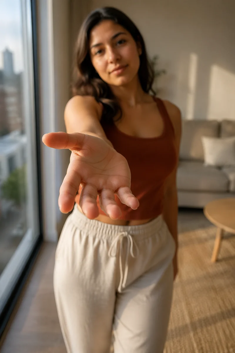 Woman Reaching Hand Toward Camera Indoors