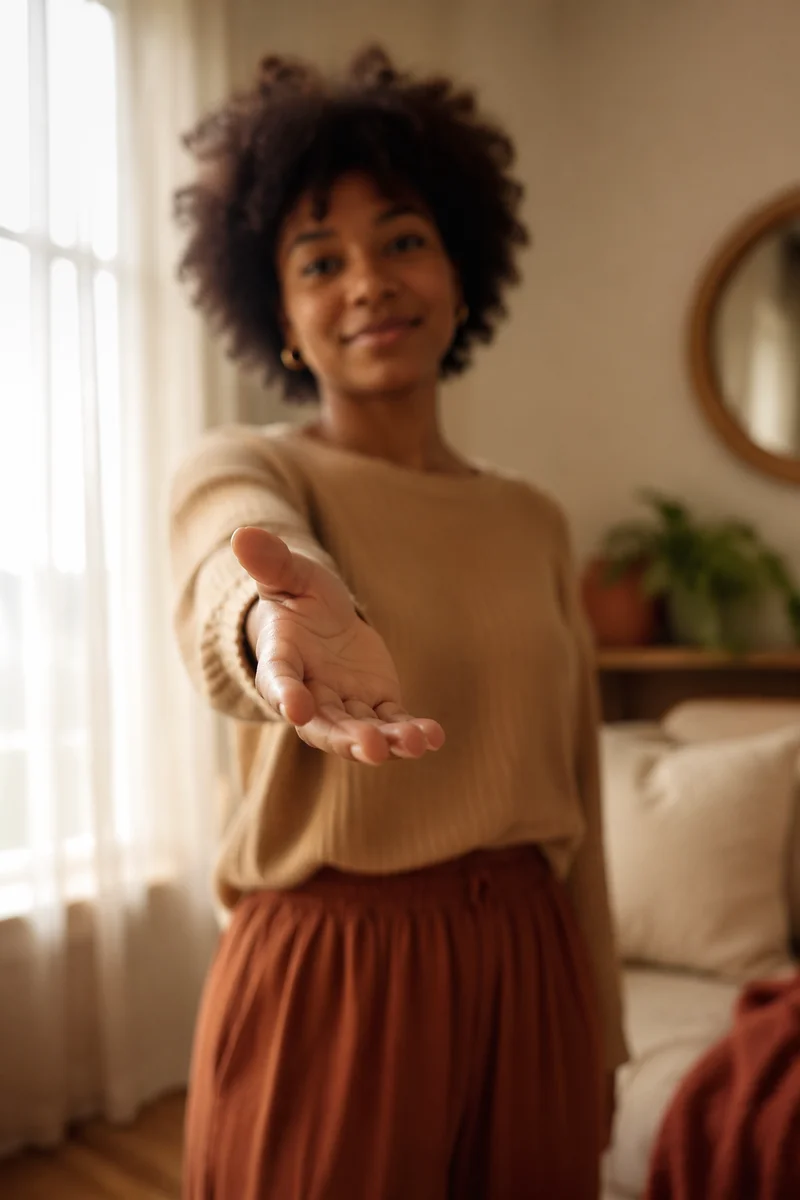 Young Woman Reaching Hand Toward Camera