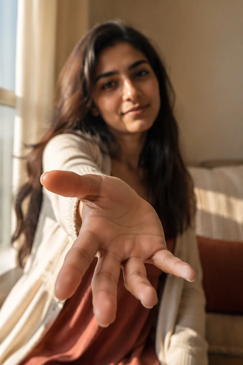 Woman Reaching Hand Toward Camera Indoors