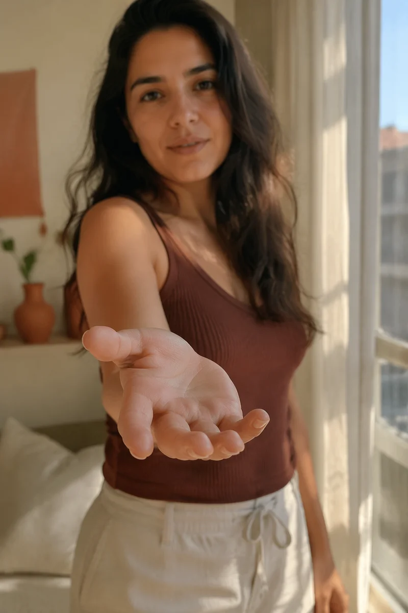 Woman Reaching Hand Toward Camera Indoors