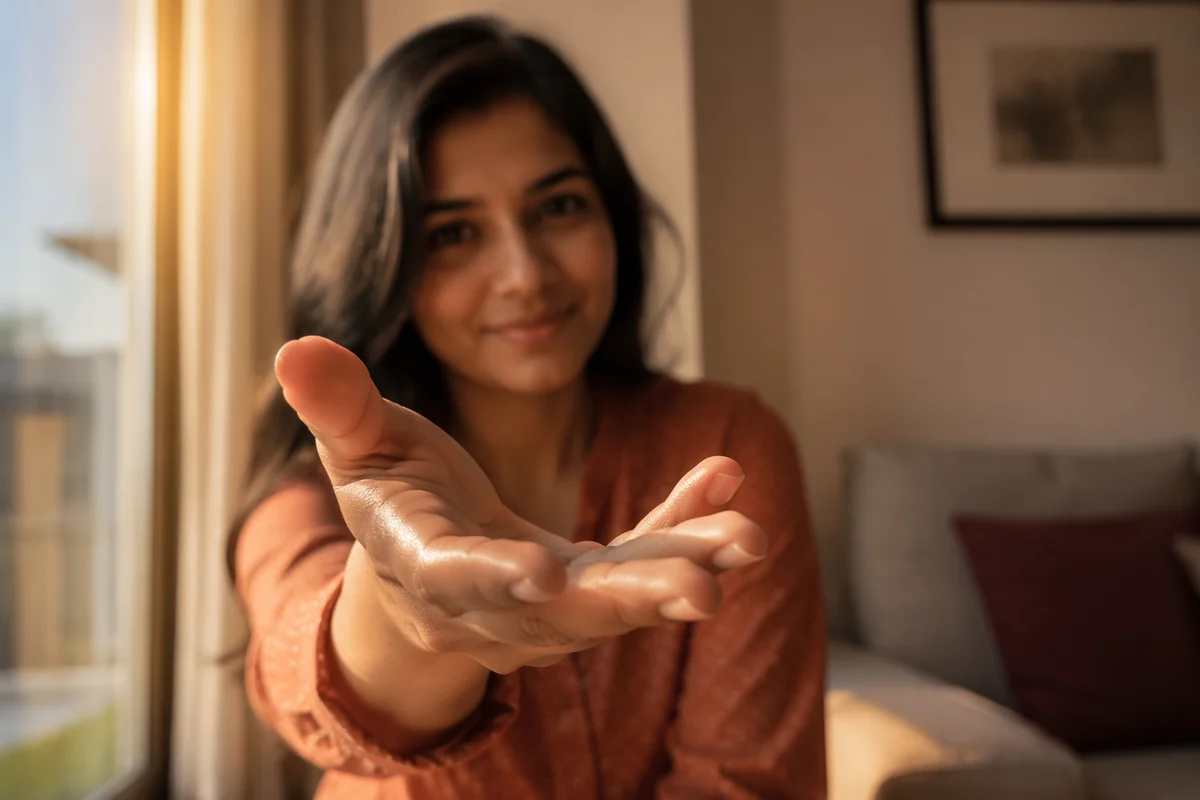 Woman Reaching Hand Toward Camera Indoors
