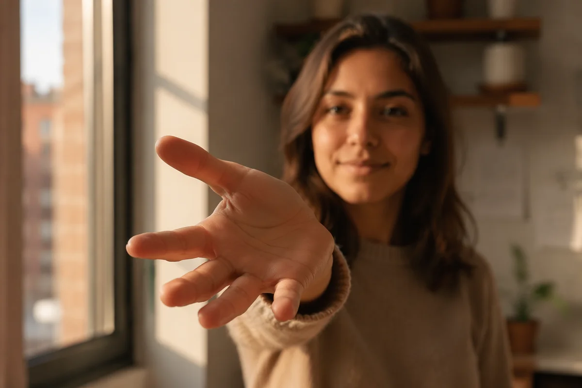 Woman Reaching Hand Toward Camera Indoors