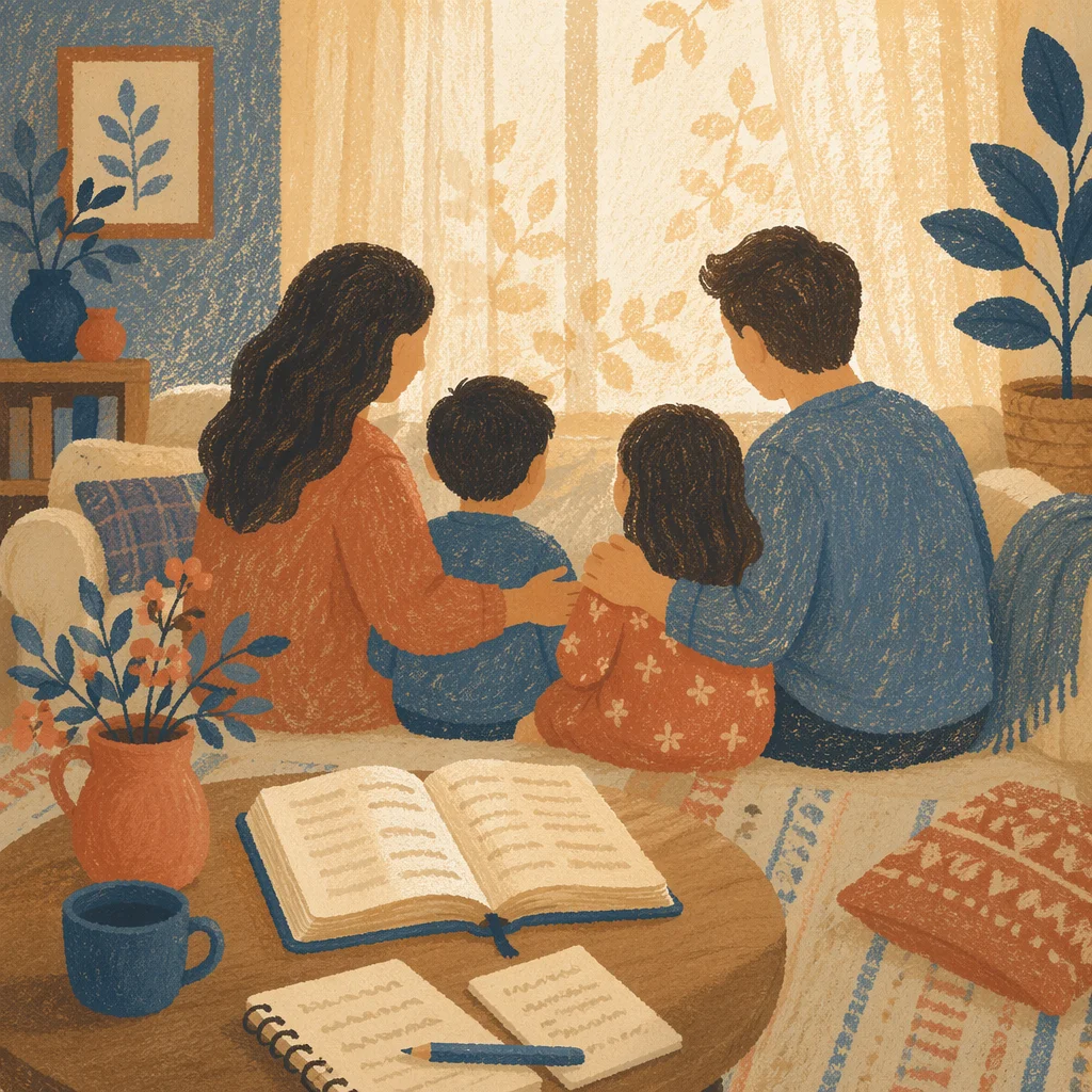 Happy Family Devotion in Cozy Living Room