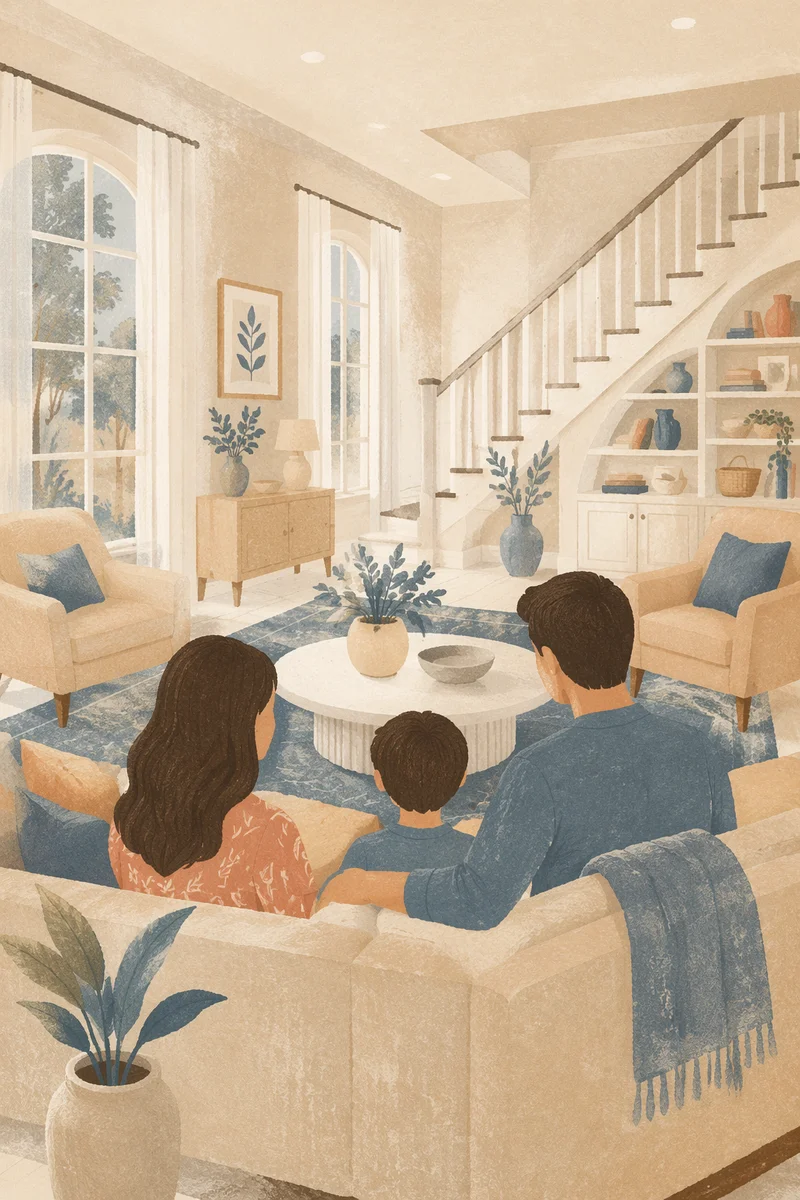 Happy Family in Bright Living Room