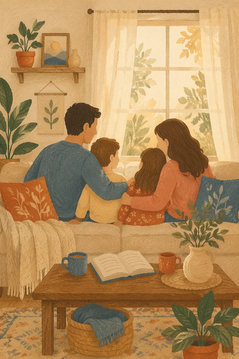 Happy Family Devotion in Cozy Living Room