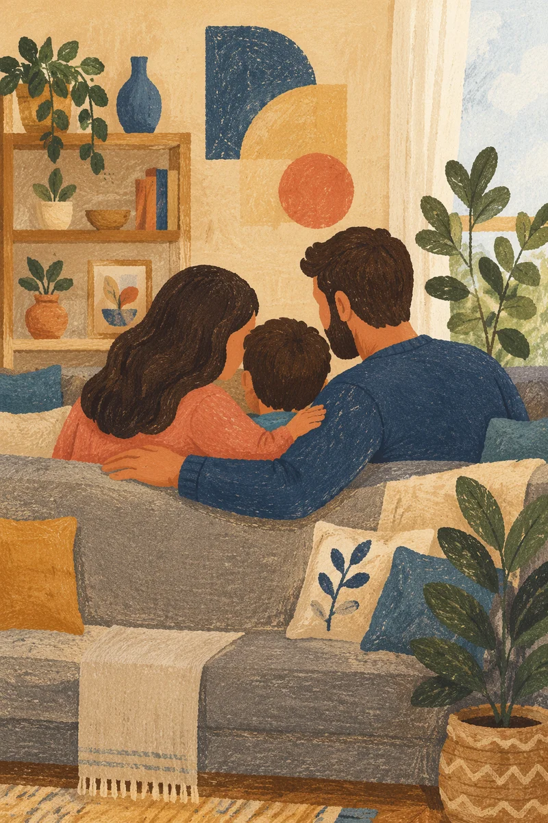 Happy Family Hug in Cozy Living Room