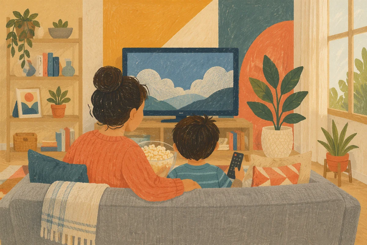 Happy Family Movie Time in Cozy Living Room