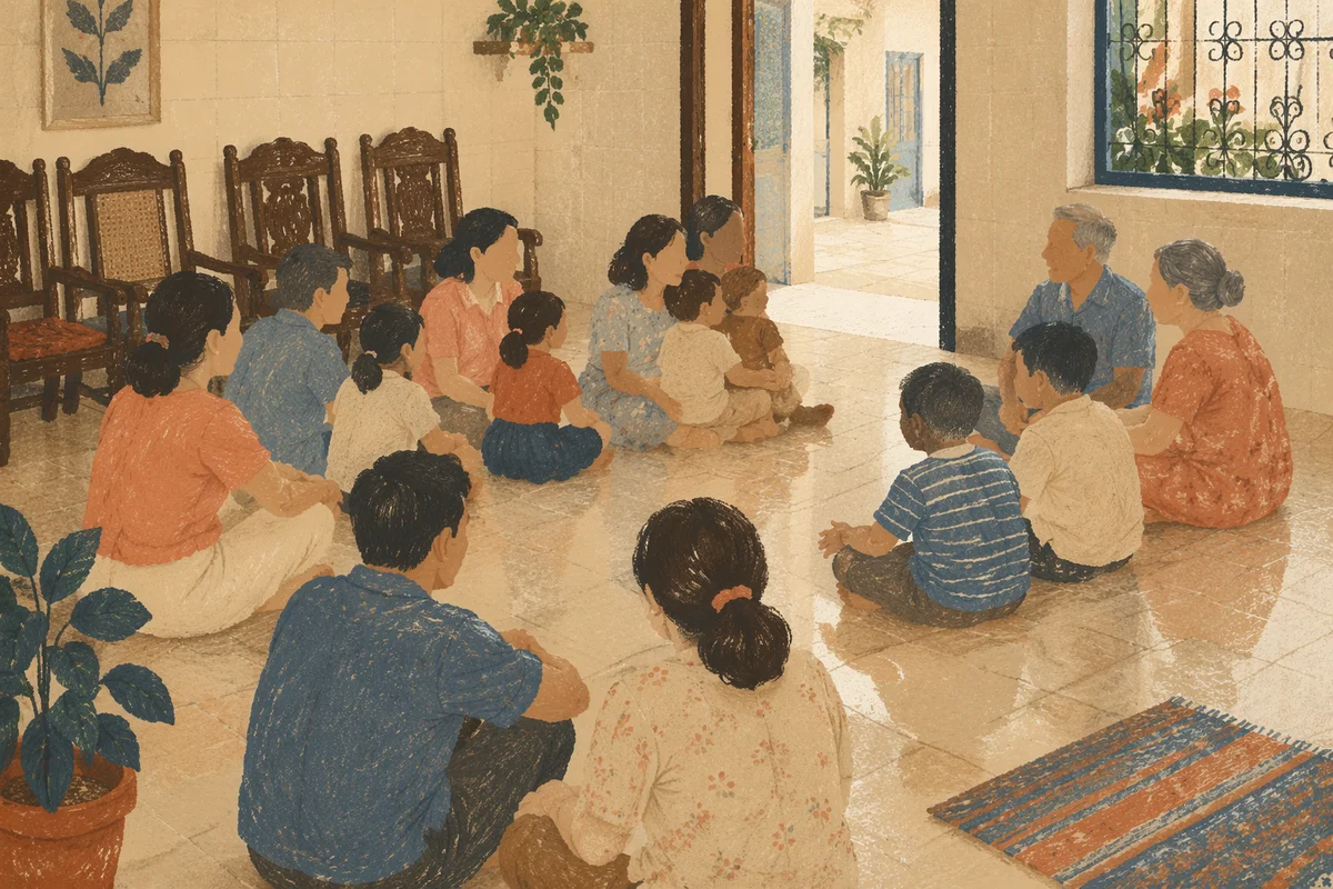 Happy Multigenerational Family in Modest Living Room