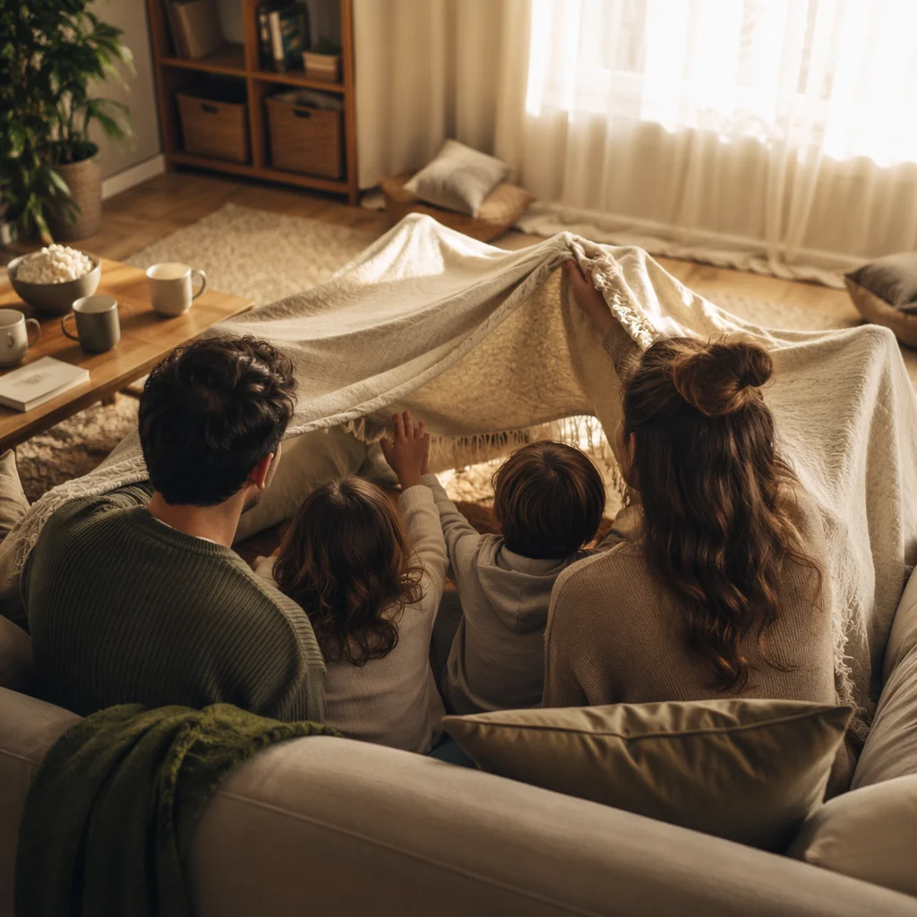 Happy Family Building Blanket Fort at Home
