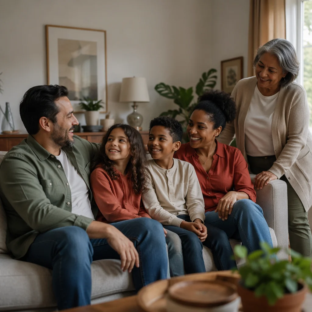 Joyful Multiracial Family in Cozy Living Room