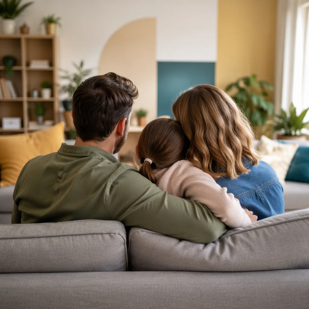 Happy Family Hug in Cozy Living Room