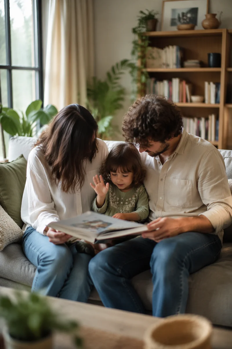Happy Family Reading Together in Cozy Living Room