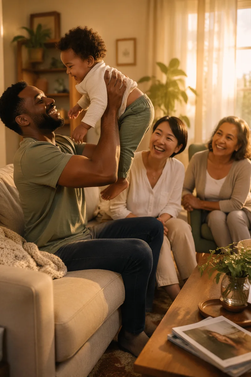 Joyful Multiracial Family in Cozy Living Room