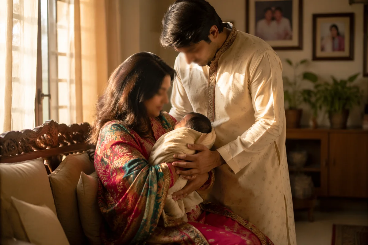 Happy Family Cradling Newborn in Cozy Living Room