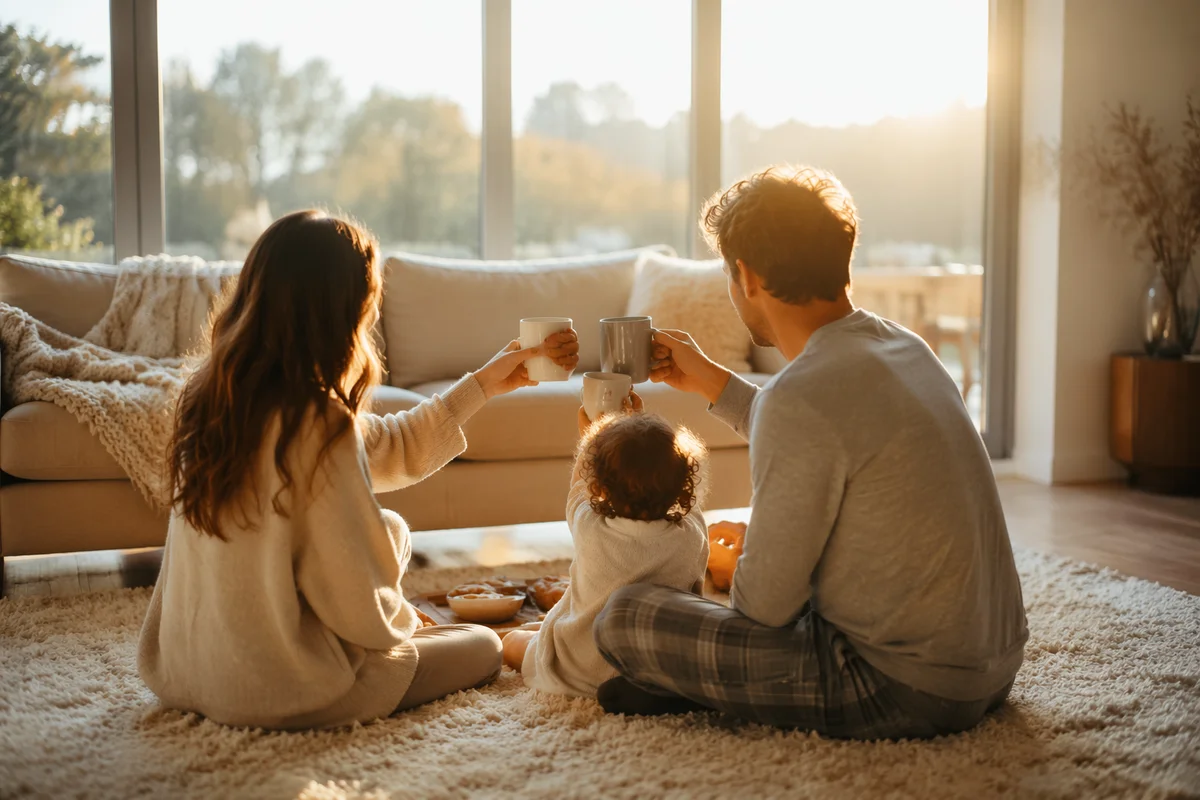 Happy Family Cozy Morning in Living Room