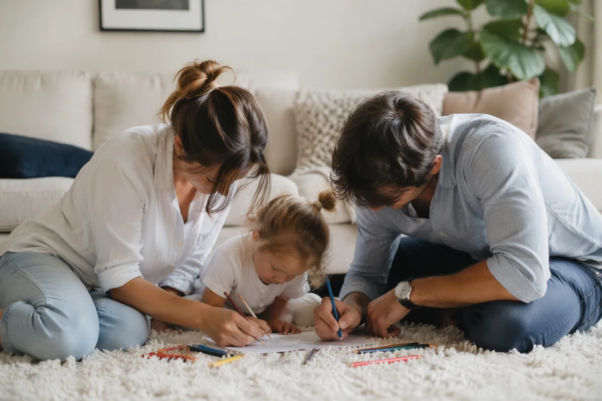 Happy Family Drawing Together at Home