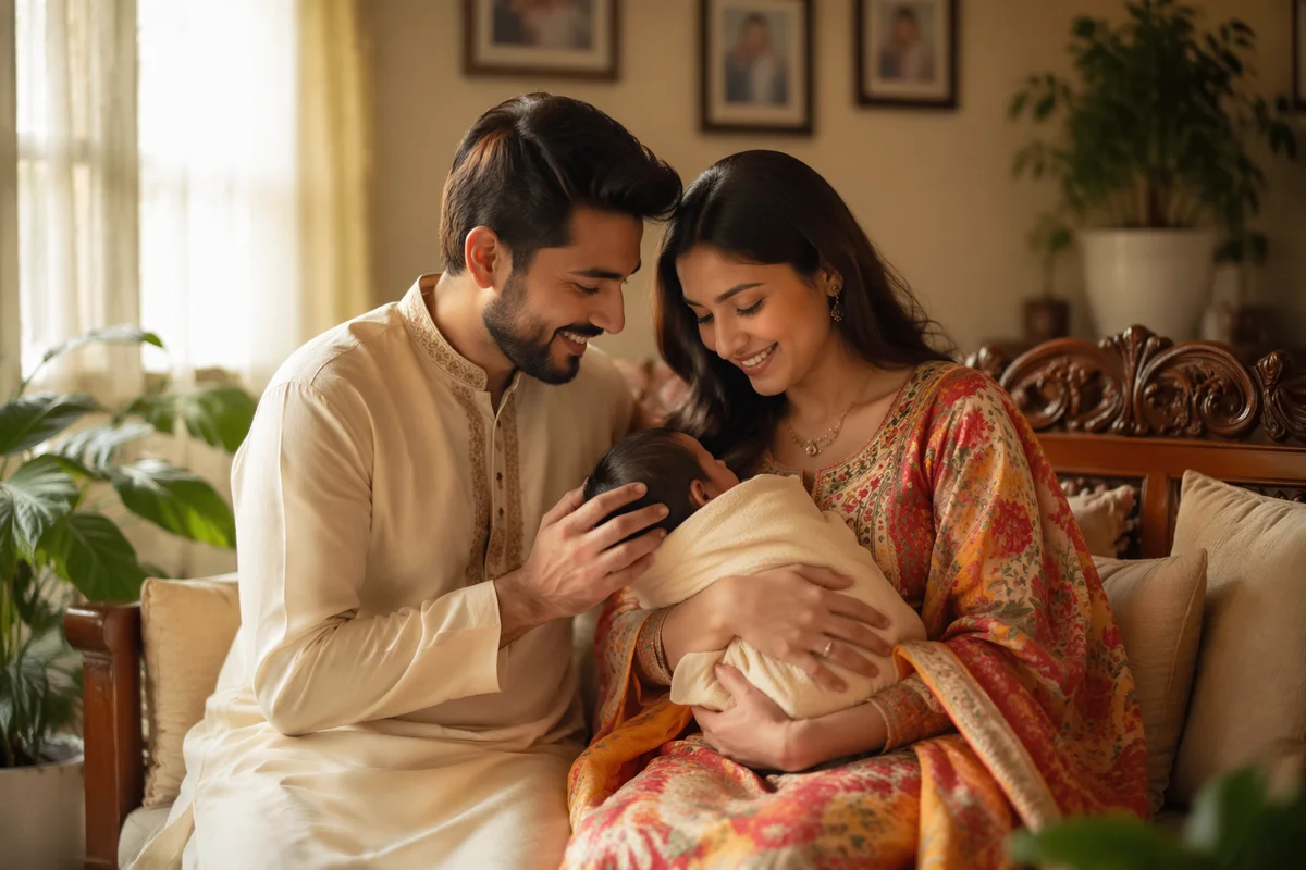 Happy Young Family in Cozy Living Room
