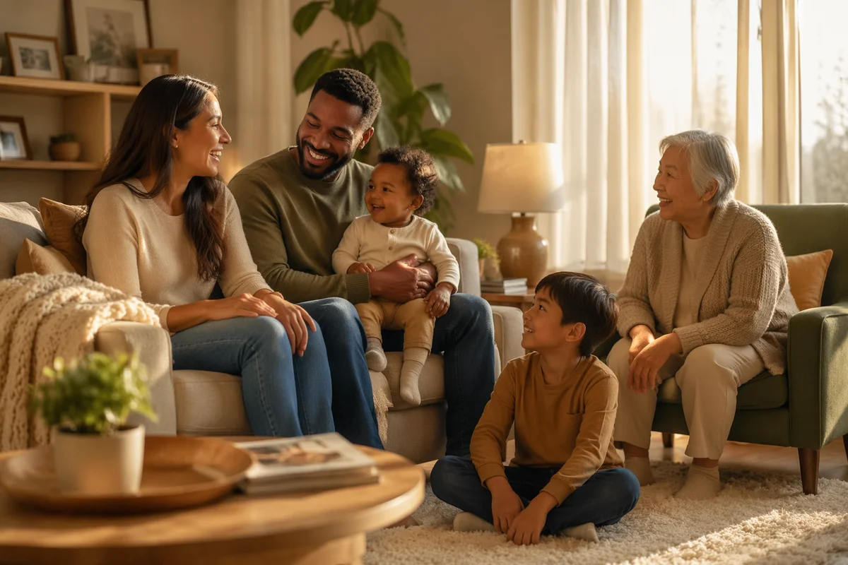 Multigenerational Family Relaxing in Cozy Living Room