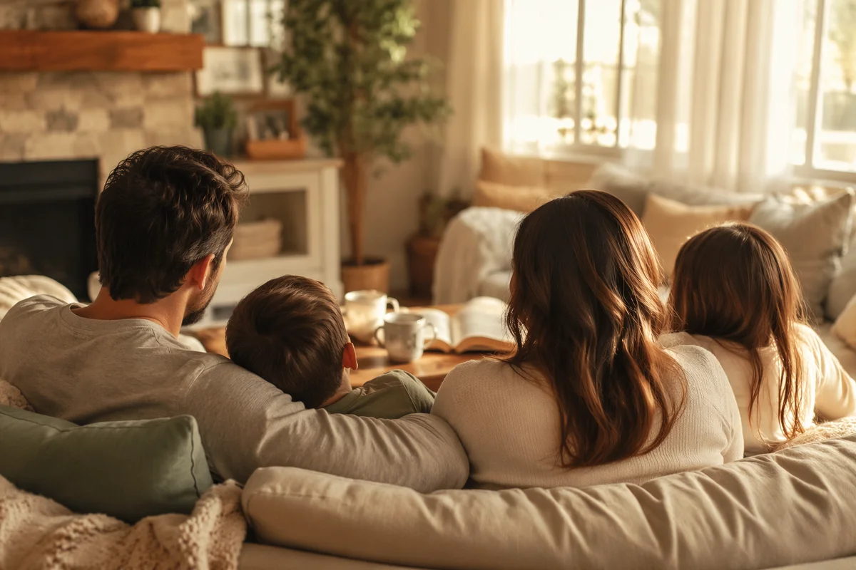 Happy Family Devotion in Cozy Living Room