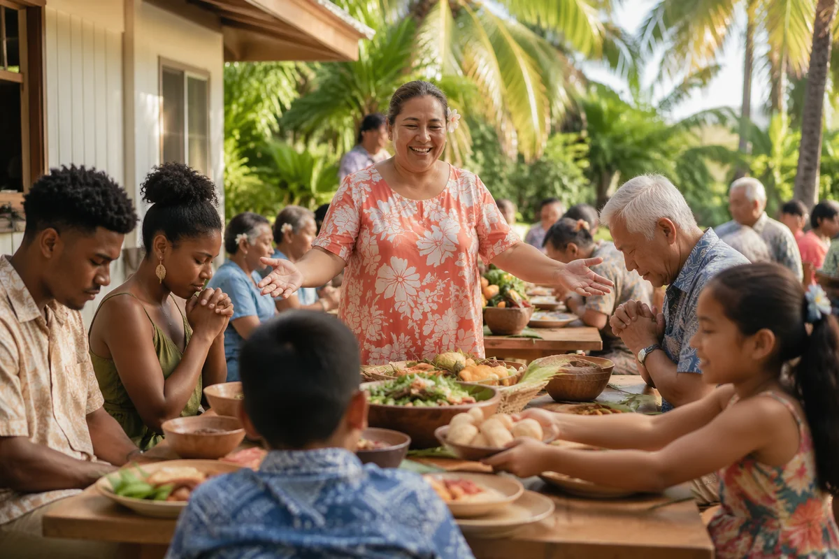 Tropical Community Feast in Garden Courtyard