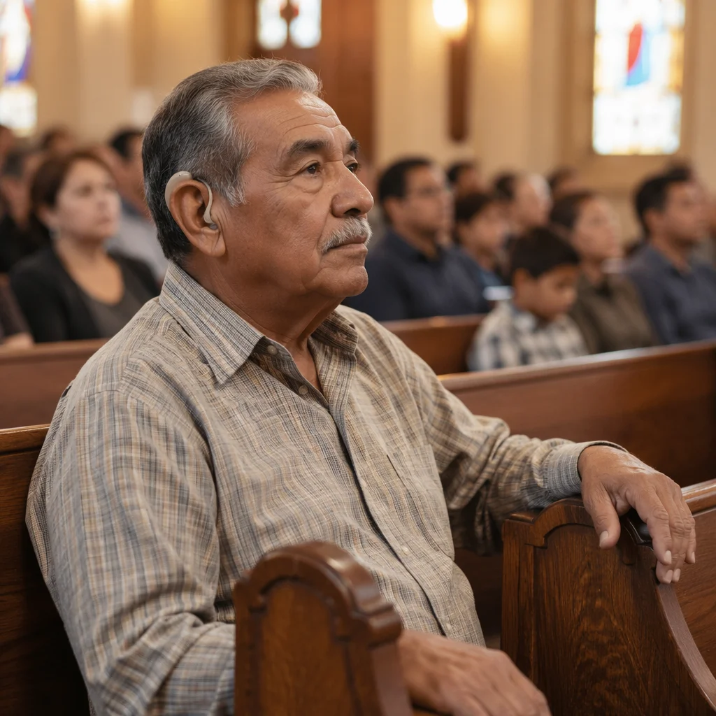 Elderly Man Listening in Church Pew