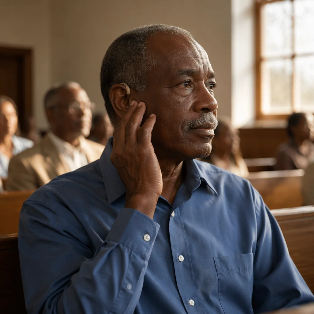 Older Man with Hearing Aid in Pew