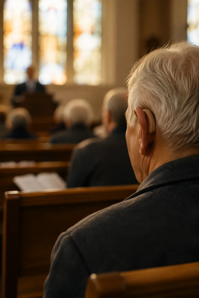 Older Hearing Aid User in Church Service
