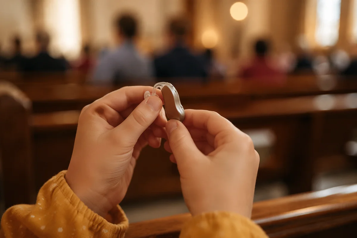 Young Hands Holding Hearing Aid in Church